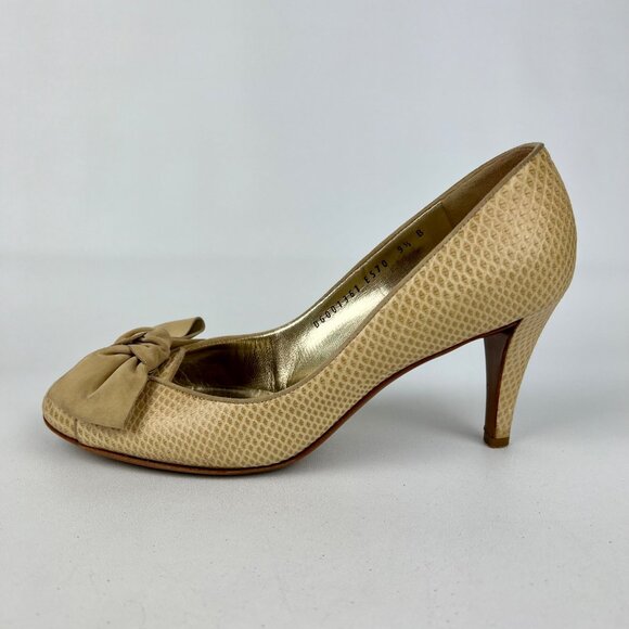 Salvatore Ferragamo Womens Tan Snake Embossed Leather Pumps Suede Bow size 9.5 - Picture 6 of 16